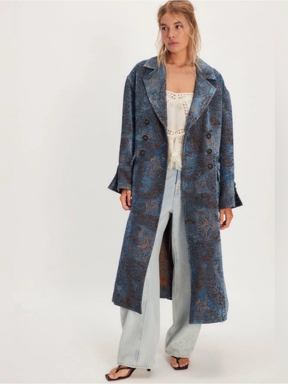 NWT Free People Micah Duster Coat Blue Paisley Jacquard Small